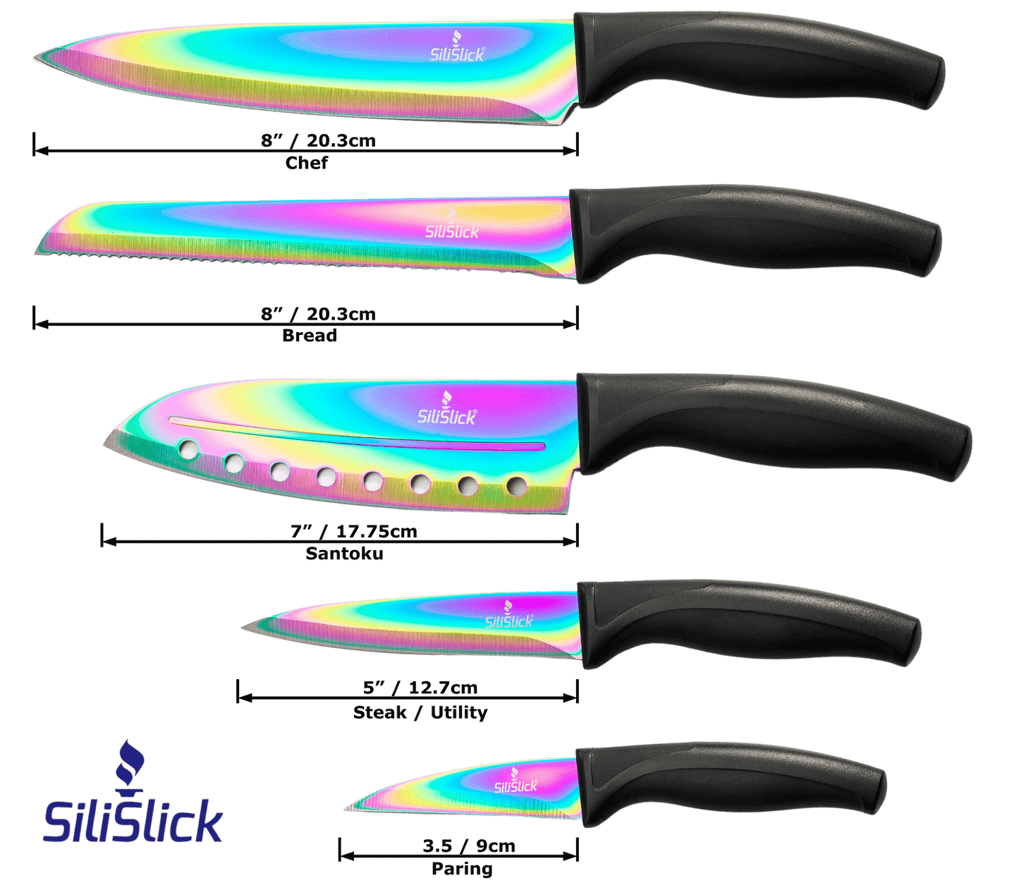 Kitchen Knife Set Kit | Black Handle, Black Magnetic Rack & Sharpener