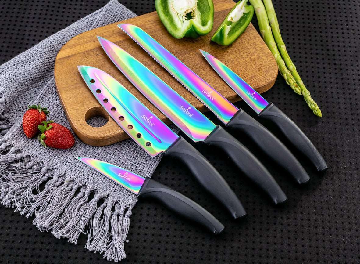 Kitchen Knife Set Kit Titanium Coated, Red Magnetic Rack & Sharpener