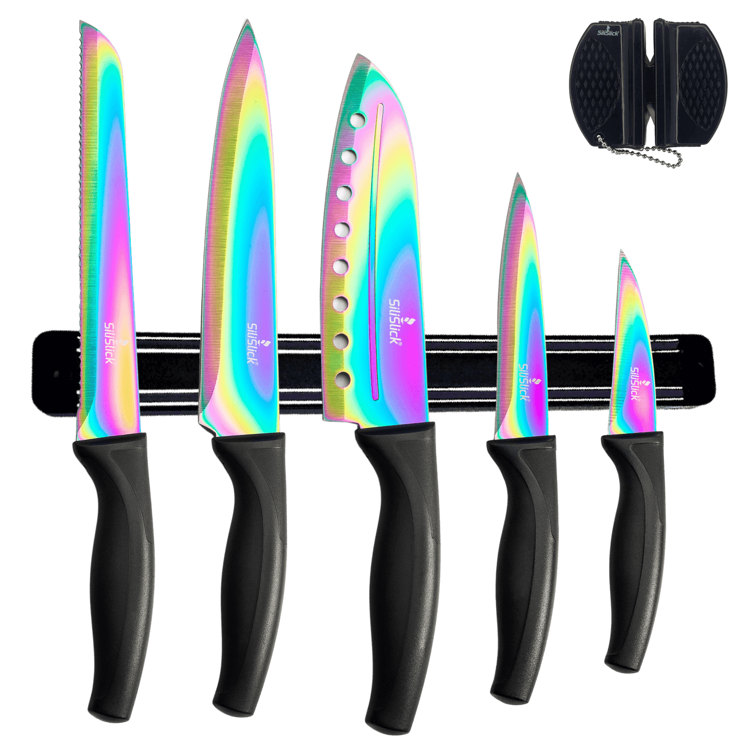 Kitchen Knife Set Kit | Black Handle, Black Magnetic Rack & Sharpener