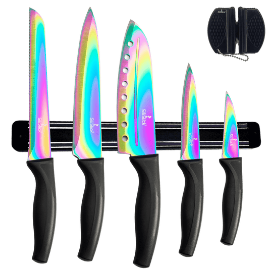 Kitchen Knife Set Kit | Black Handle, Black Magnetic Rack & Sharpener