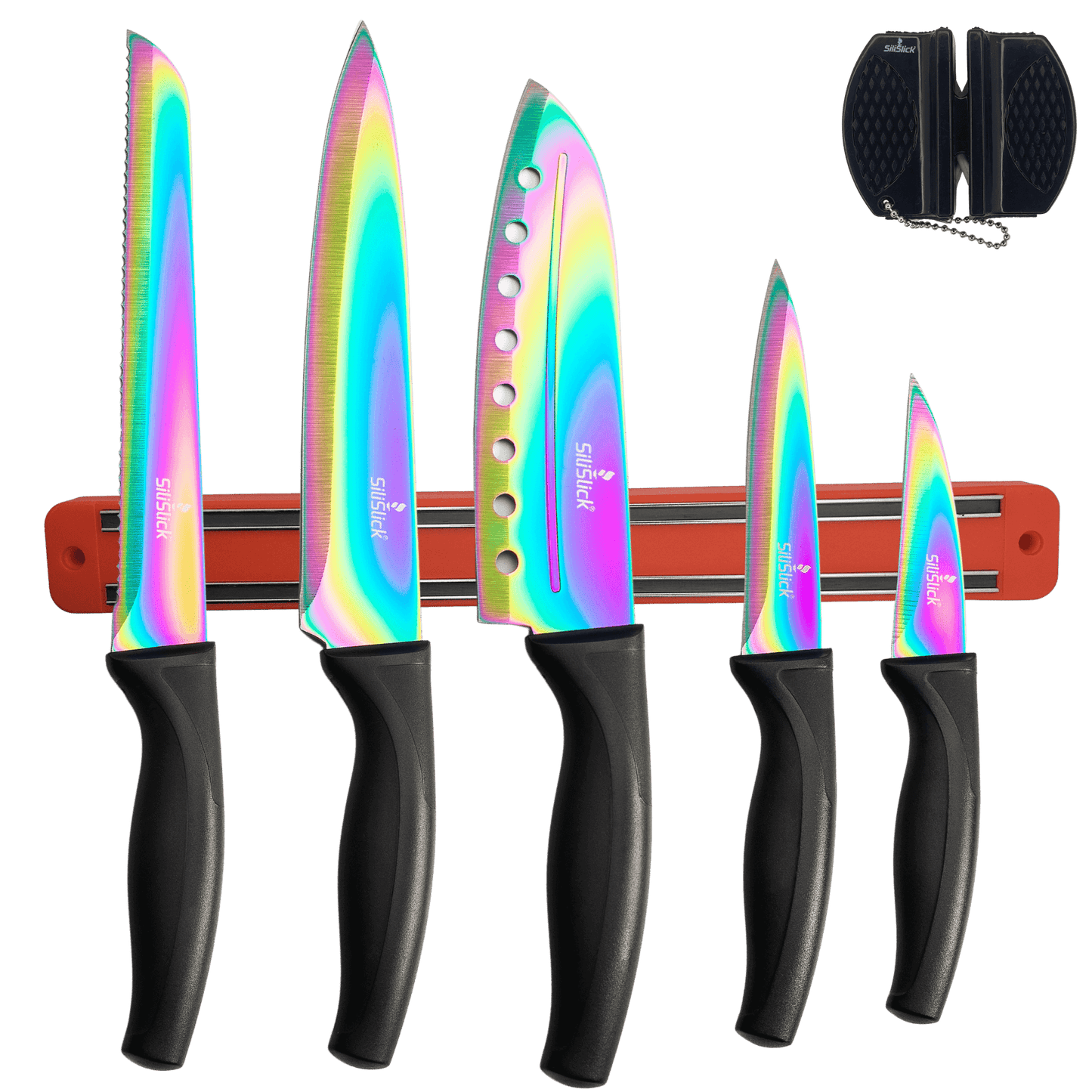 Kitchen Knife Set Kit Titanium Coated, Red Magnetic Rack & Sharpener