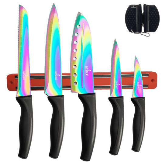 Kitchen Knife Set Kit Titanium Coated, Red Magnetic Rack & Sharpener