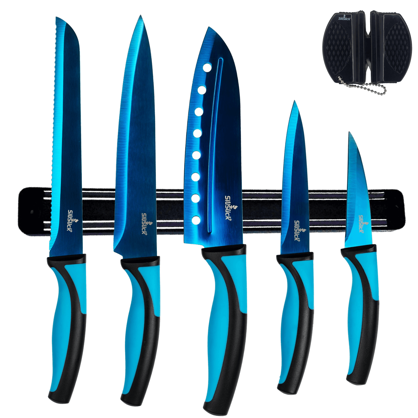 Kitchen Knife Set Kit & Black Magnetic Rack & sharpener