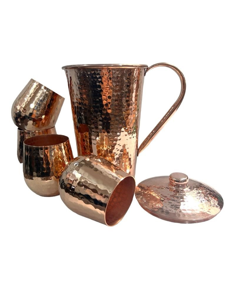 Copper Pitcher with Top and Four Tumblers, Hammered and Shiny Finish