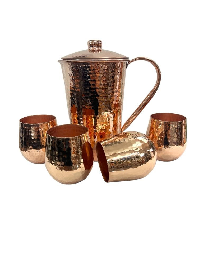 Copper Pitcher with Top and Four Tumblers, Hammered and Shiny Finish