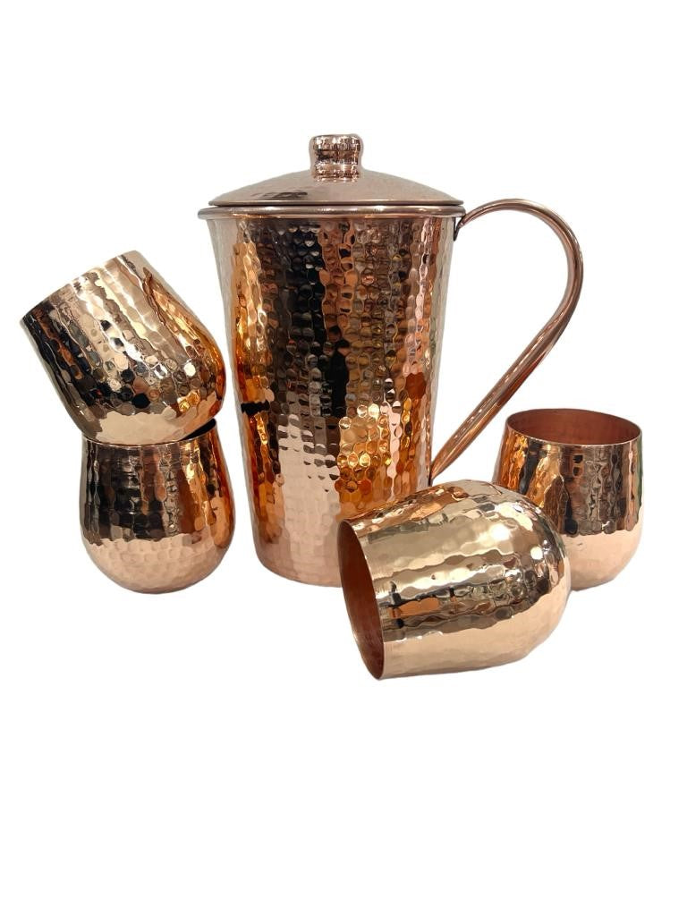 Copper Pitcher with Top and Four Tumblers, Hammered and Shiny Finish