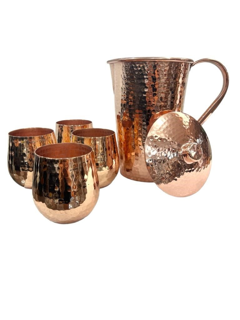 Copper Pitcher with Top and Four Tumblers, Hammered and Shiny Finish