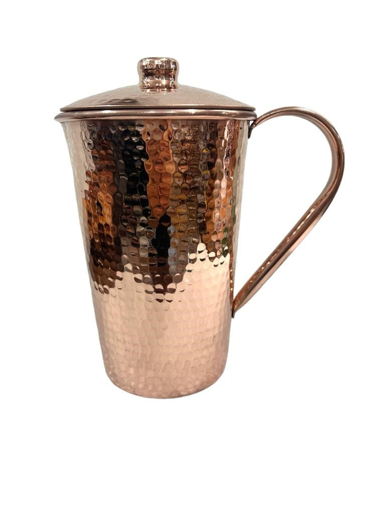 Copper Pitcher with Top and Four Tumblers, Hammered and Shiny Finish