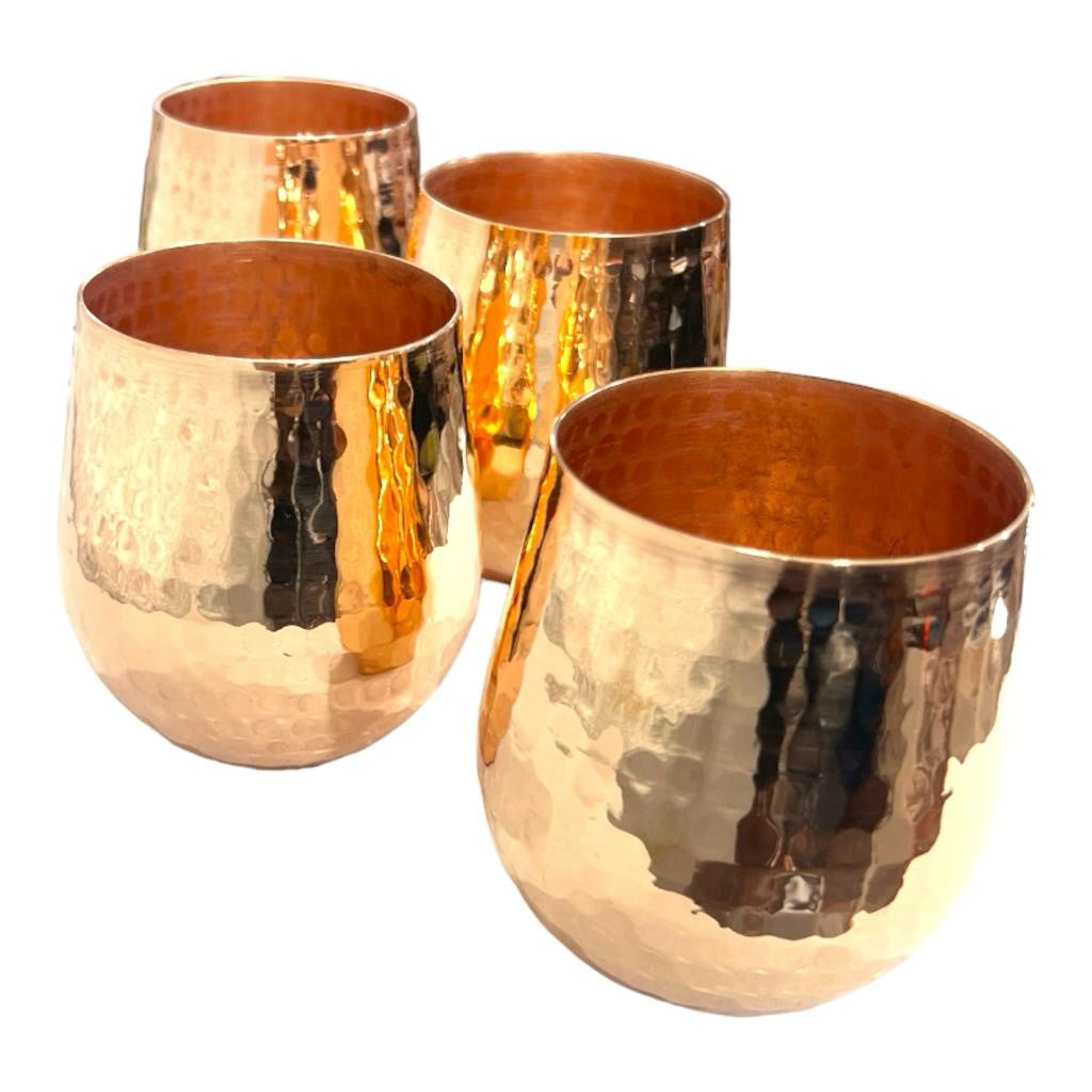 Copper Pitcher with Top and Four Tumblers, Hammered and Shiny Finish